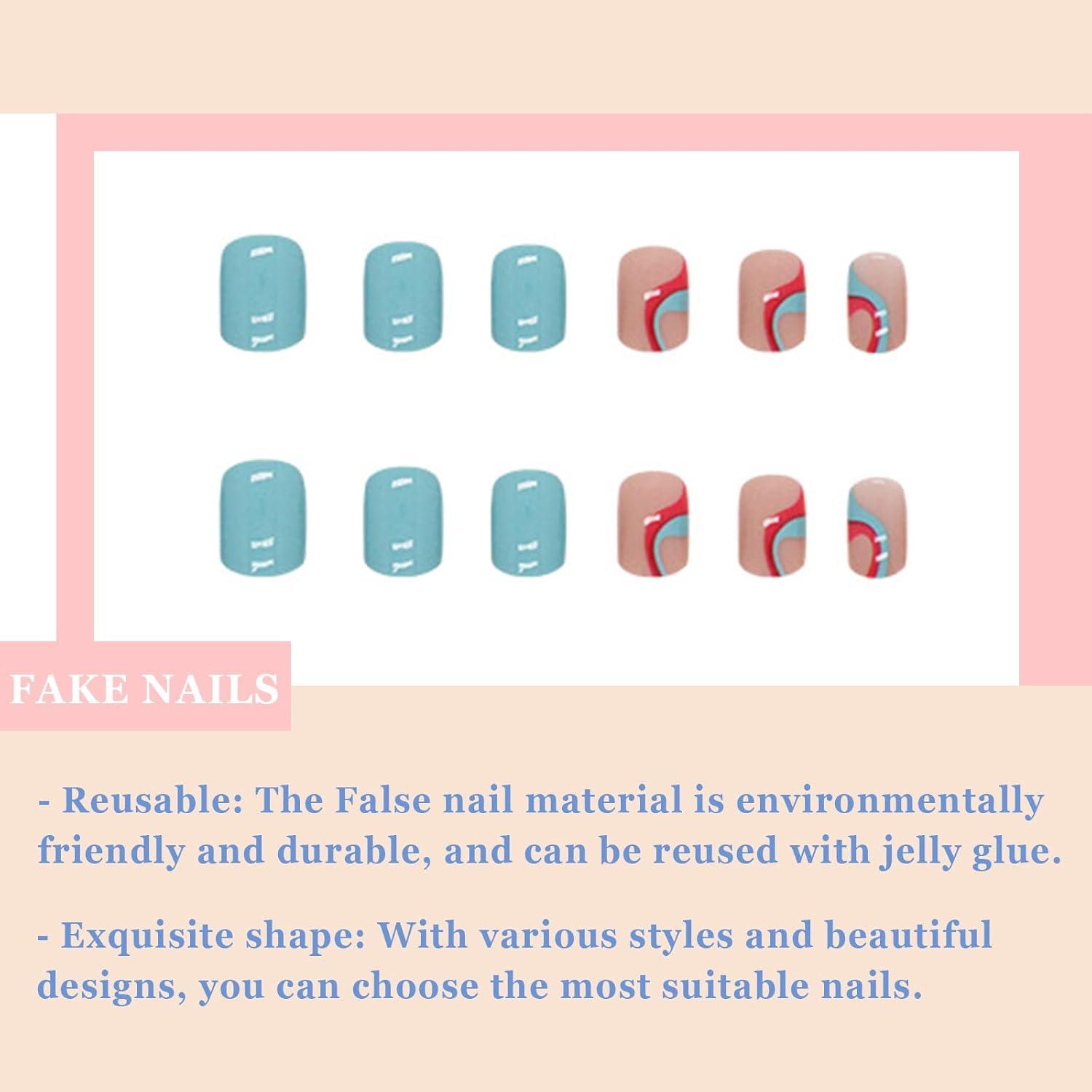 24 Stück Kurze Blau Rote French Tips Künstliche Nägel Welligkeit Designs