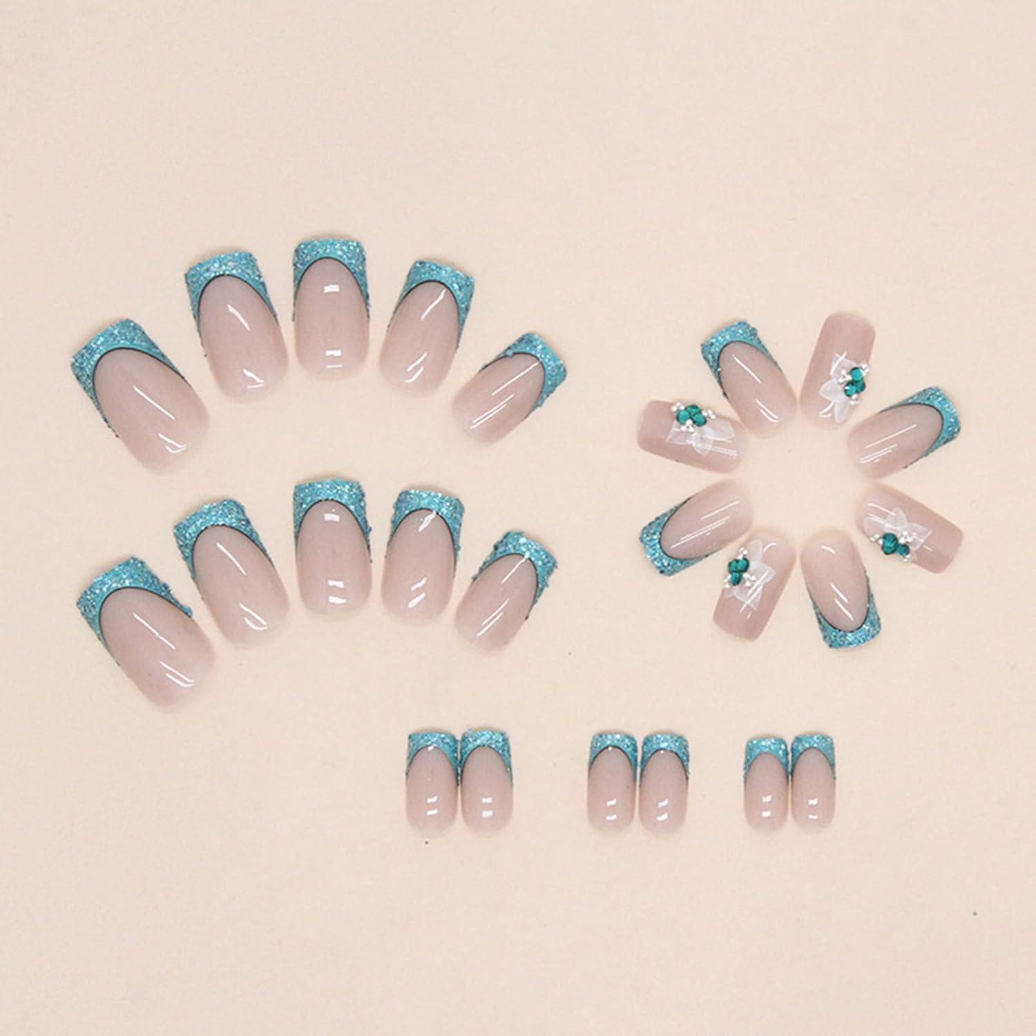 24 Nägel French Tip Strass Acryl Reusable Full Cover Fake Nails mit