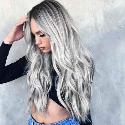 Silbergrau Ombre Langhaar Perücke Damen – Locken & Mittelscheitel