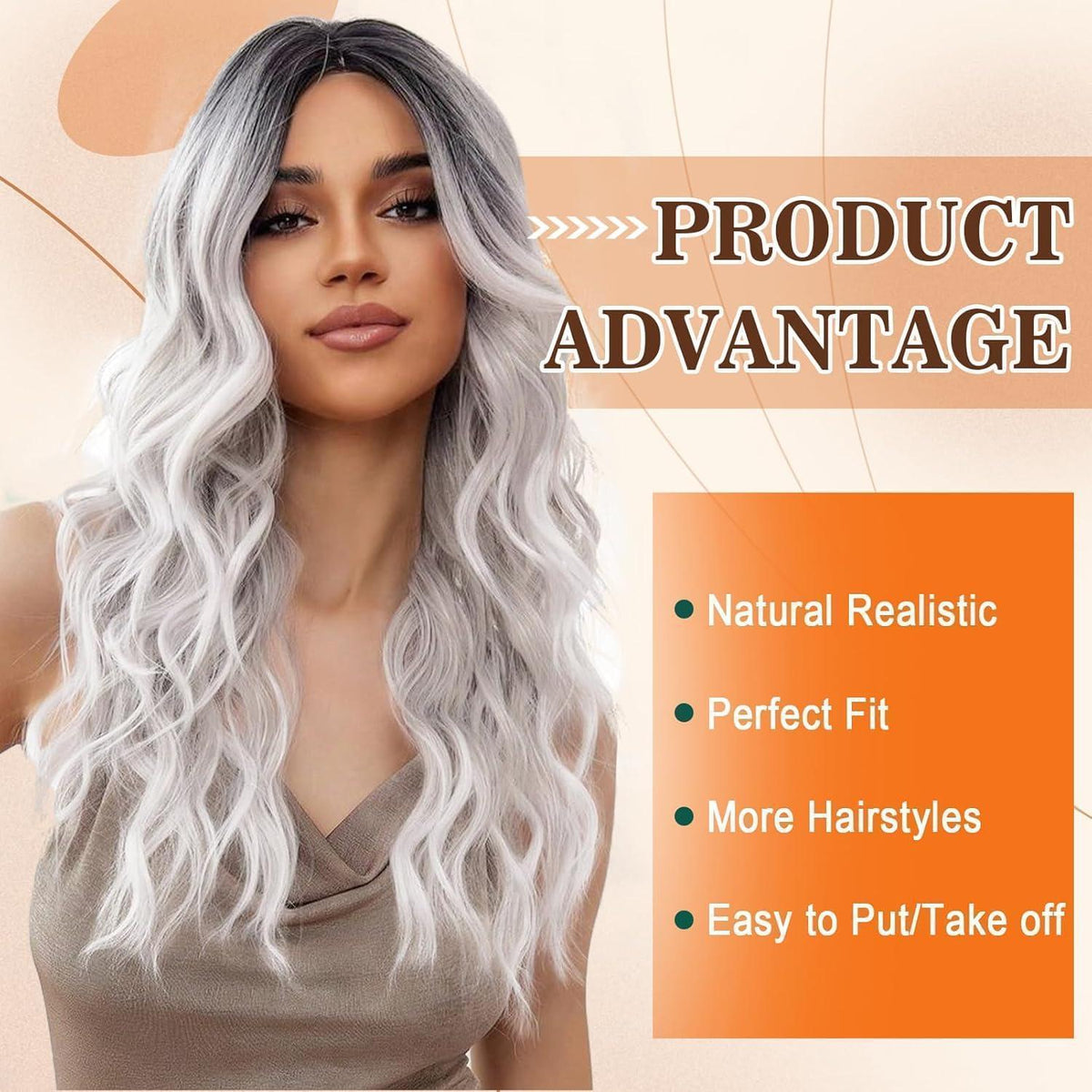 Silbergrau Ombre Langhaar Perücke Damen – Locken & Mittelscheitel