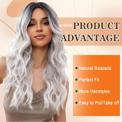 Silbergrau Ombre Langhaar Perücke Damen – Locken & Mittelscheitel