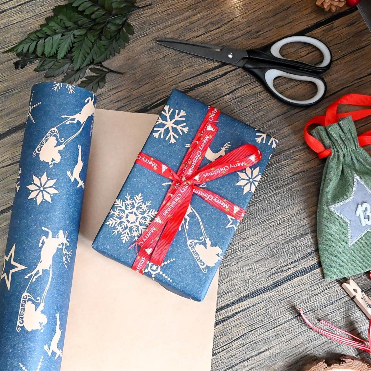 Weihnachtsgeschenkpapierrolle 15m x 43cm recycelbares Kraftpapier marineblau mit Stern Schneeflocke Elch