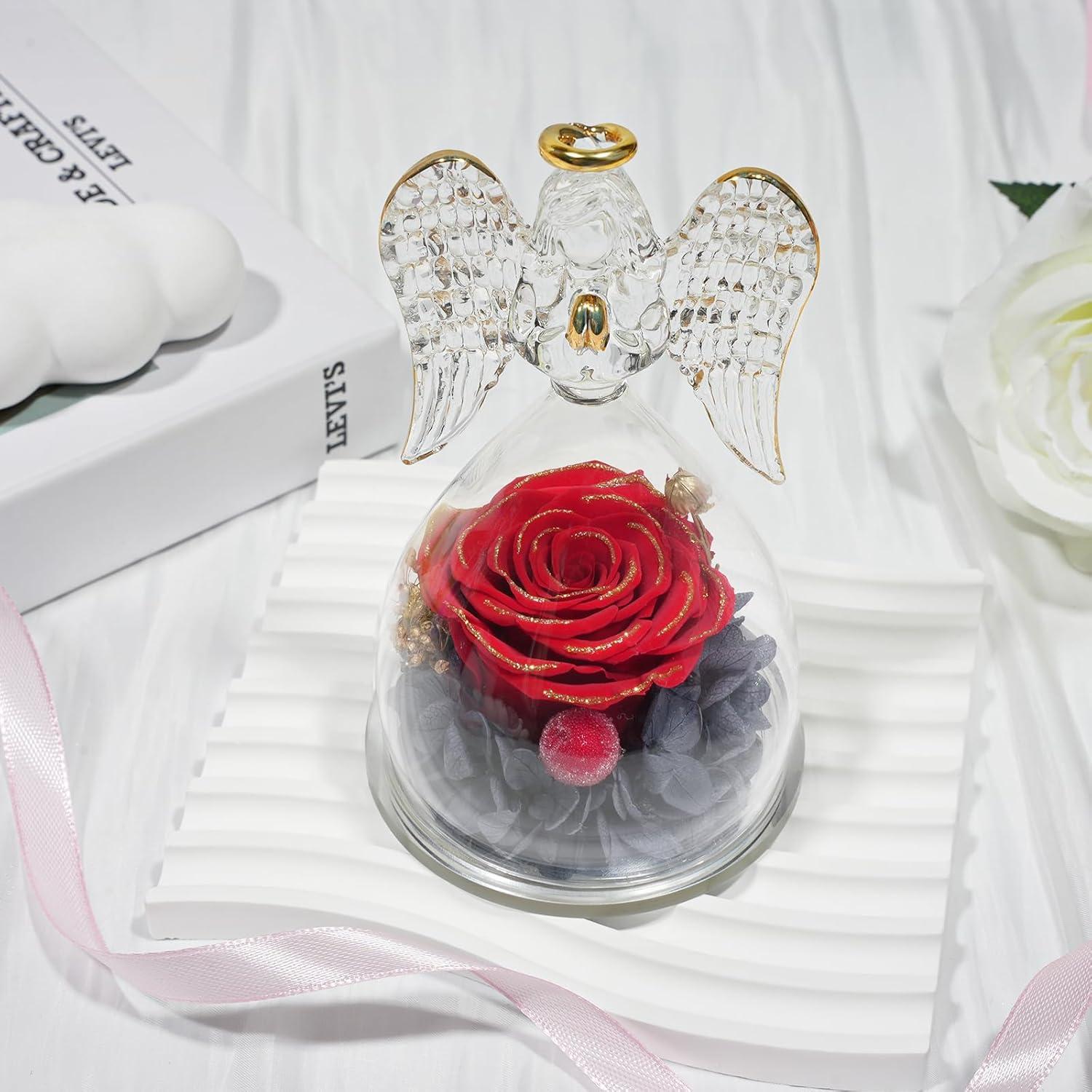 Sunia Ewige Rose Engel Figur Geschenk Muttertag Handgefertigt in Glaskuppel