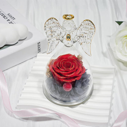 Sunia Ewige Rose Engel Figur Geschenk Muttertag Handgefertigt in Glaskuppel