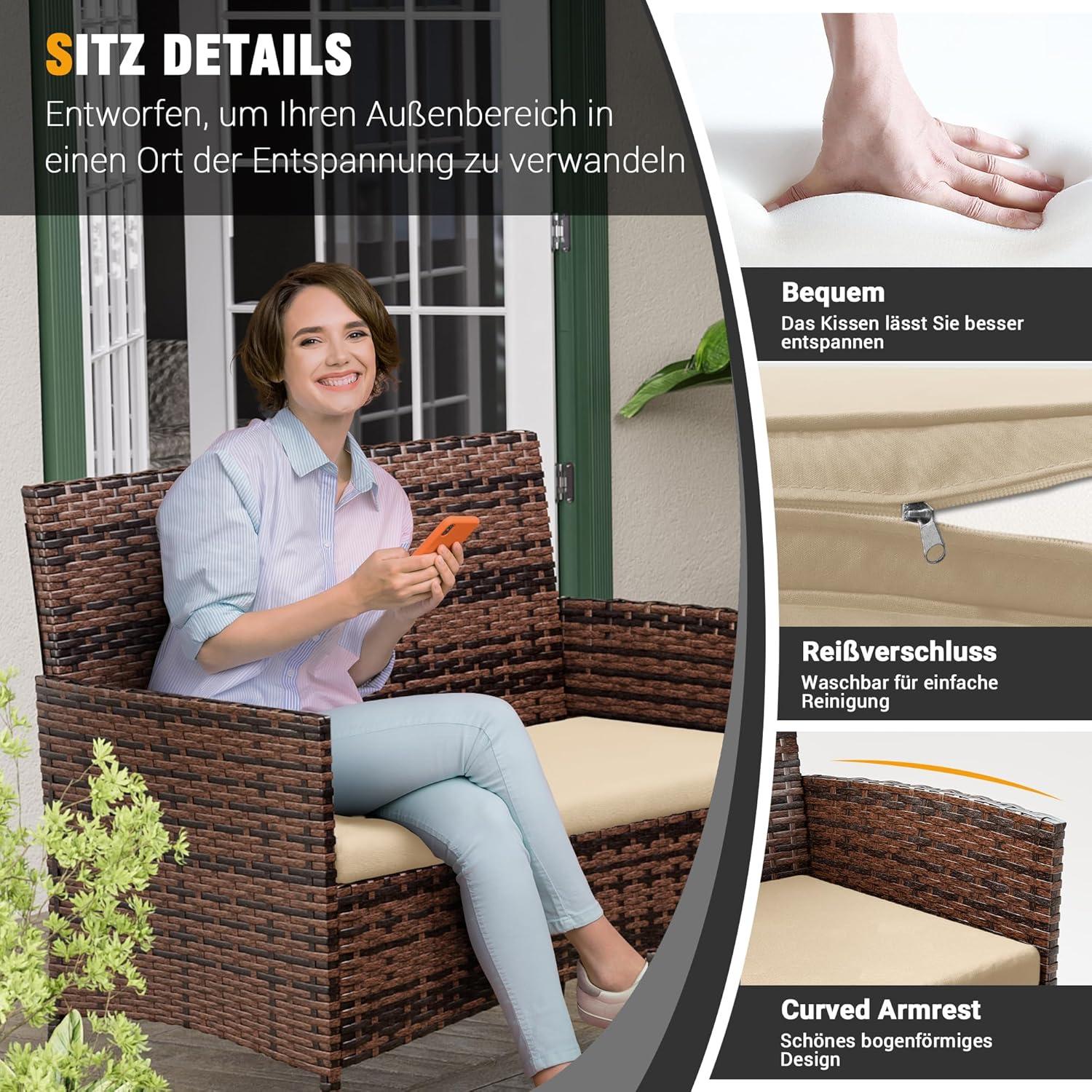 Polyrattan Sitzgruppe für 4 Personen mit Tisch und 2er Sofa, Stühlen