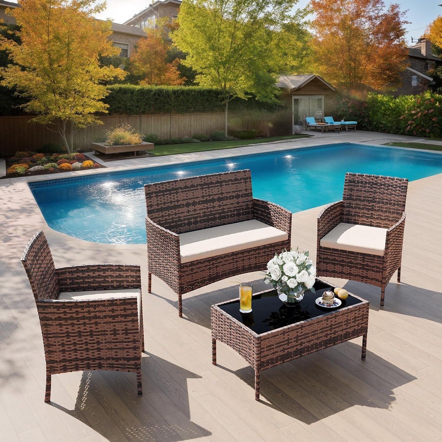 Polyrattan Sitzgruppe UDPATIO Fort 4 Personen Terrasse Balkon Garten Gartenmöbel Set Braun Schwarz Creme