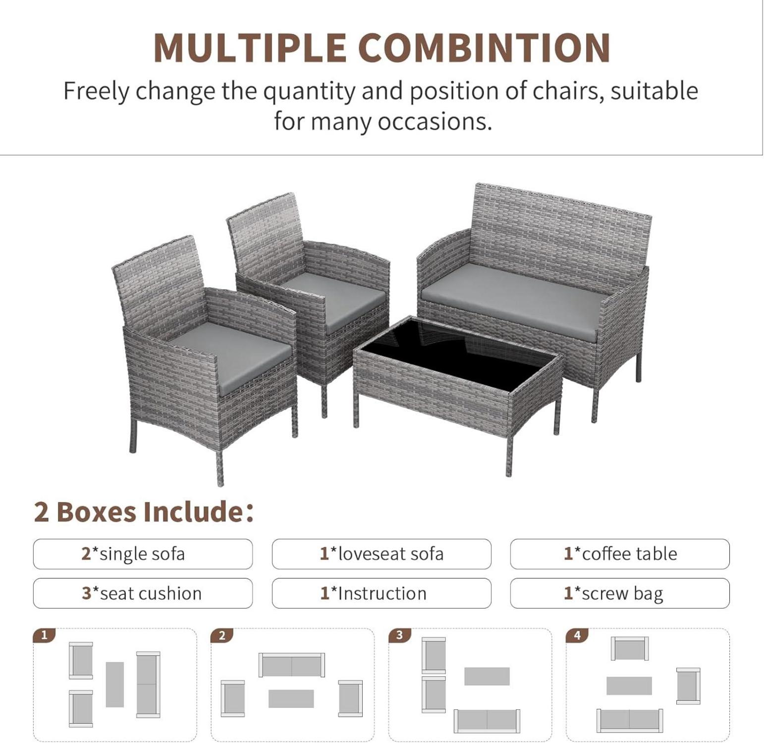 4-teiliges Amopatio Rattanmöbel Set für Balkon & Terrasse in Grau
