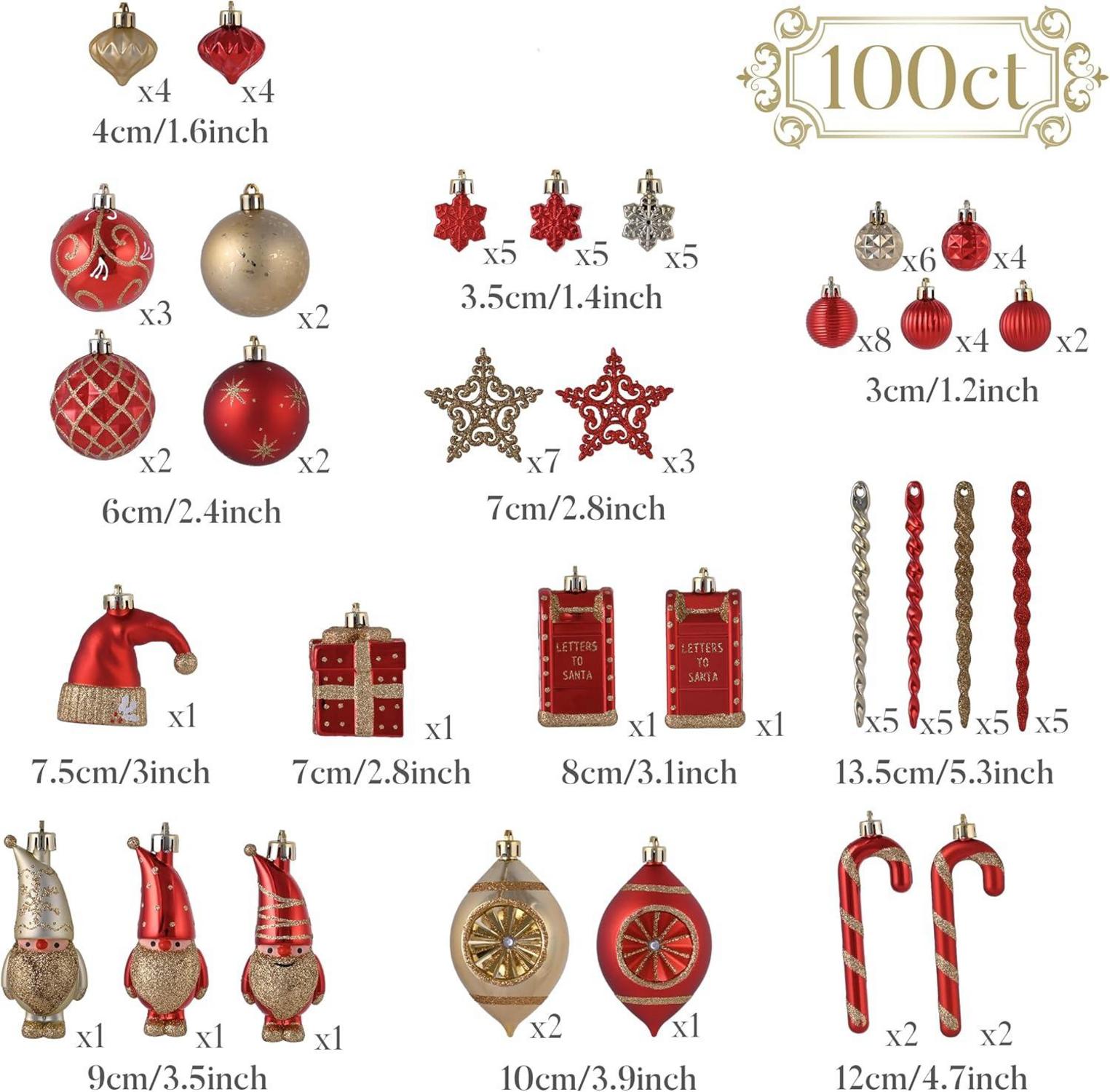 100 Weihnachtskugeln, Christbaumschmuck in Rot Gold, mit Geschenkpaket