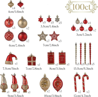 100 Weihnachtskugeln, Christbaumschmuck in Rot Gold, mit Geschenkpaket