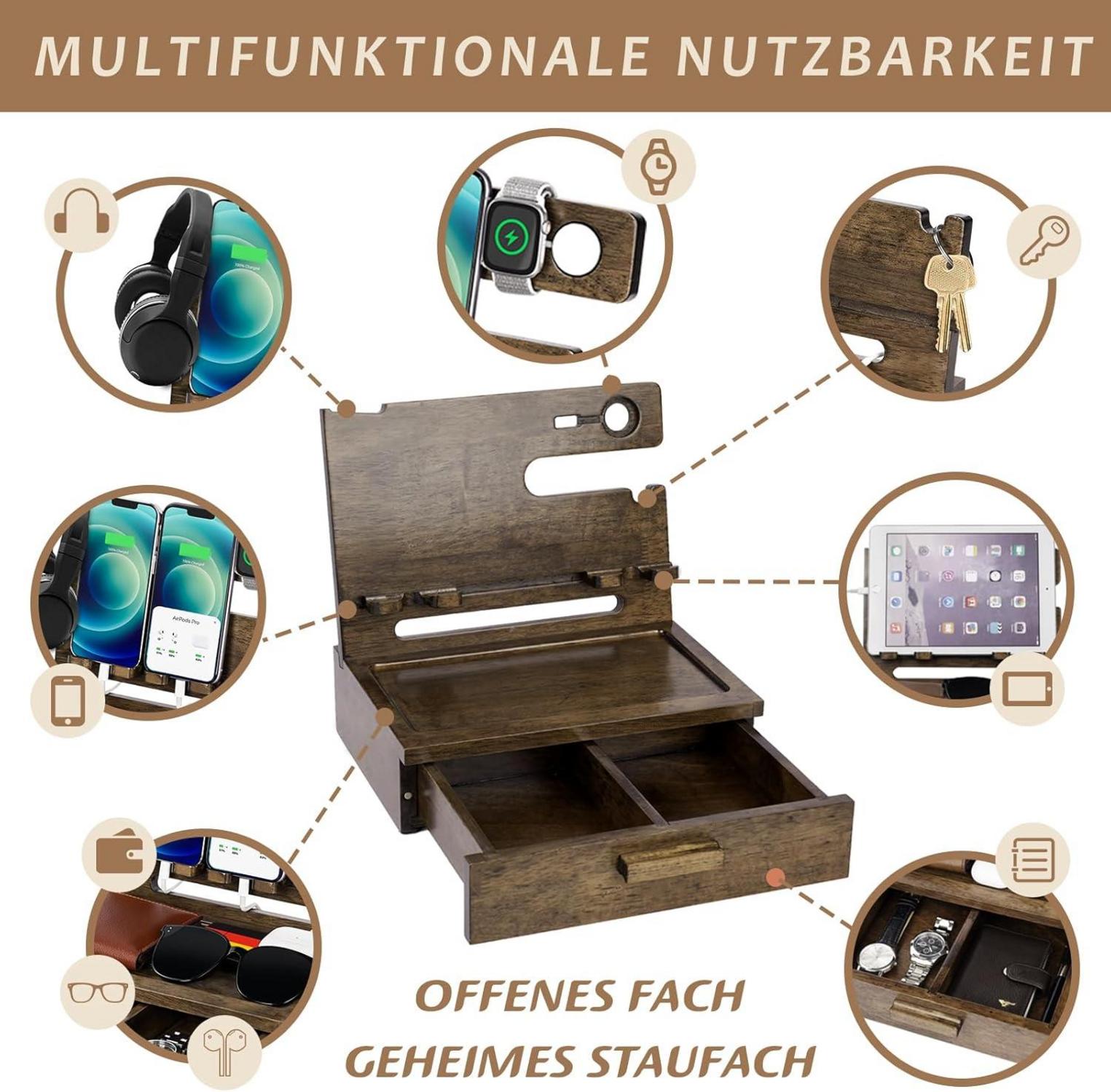 Holz Schubladen Organizer iPhone Docking Station Männer
