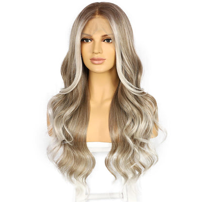 Synthetische Körperwelle Perücke Graubraun Balayage 26 Zoll