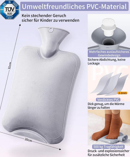 Wärmflasche mit Kuschelweichem Bezug 2L Groß Grau BPA Frei