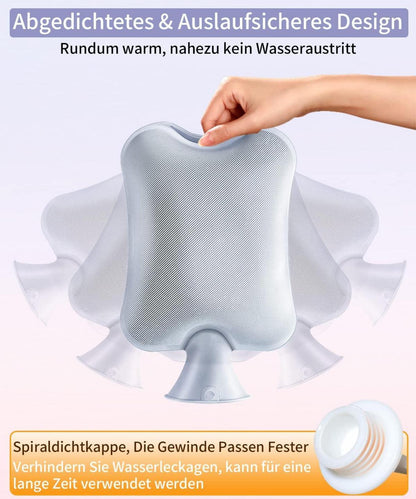 Wärmflasche mit Bezug auslaufsicher 2L Kuschelweich Grau
