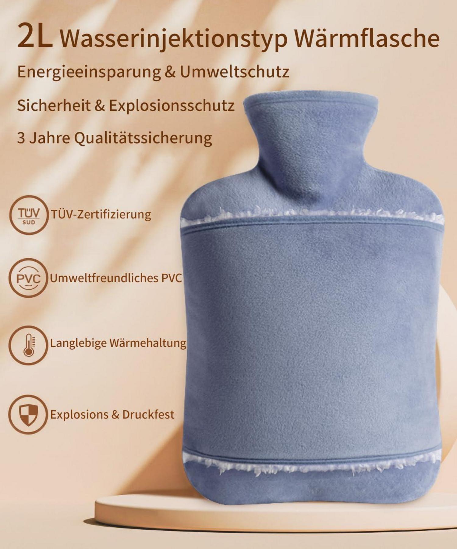 Wärmflasche mit Bezug 2L Auslaufsicher BPA-frei Kuschelweich Grau