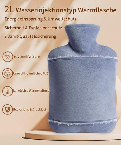 Wärmflasche mit Bezug 2L Auslaufsicher BPA-frei Kuschelweich Grau
