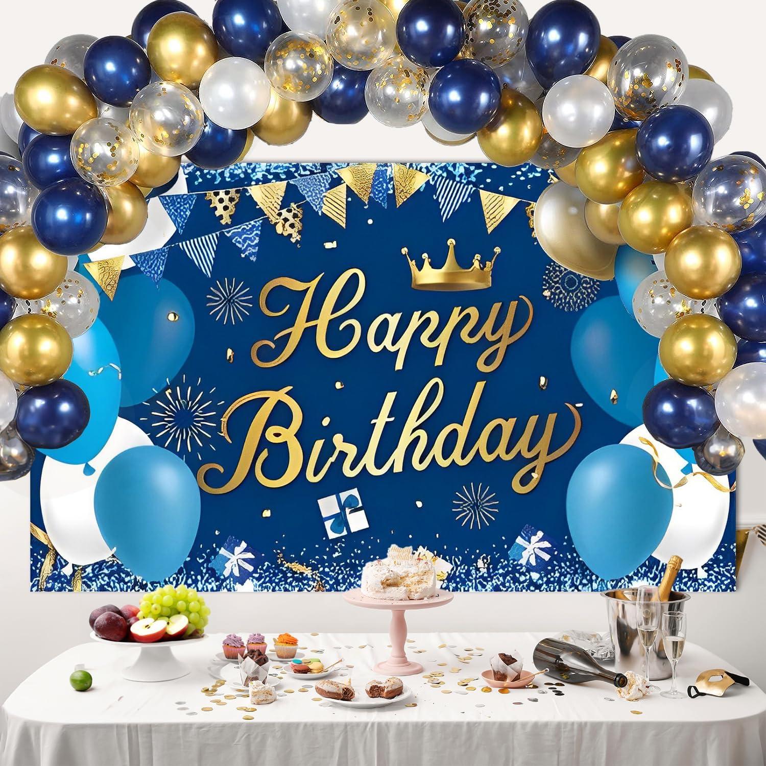 Happy Birthday Dekoration Hintergrund Banner Gold Marineblau Groß 180x110cm