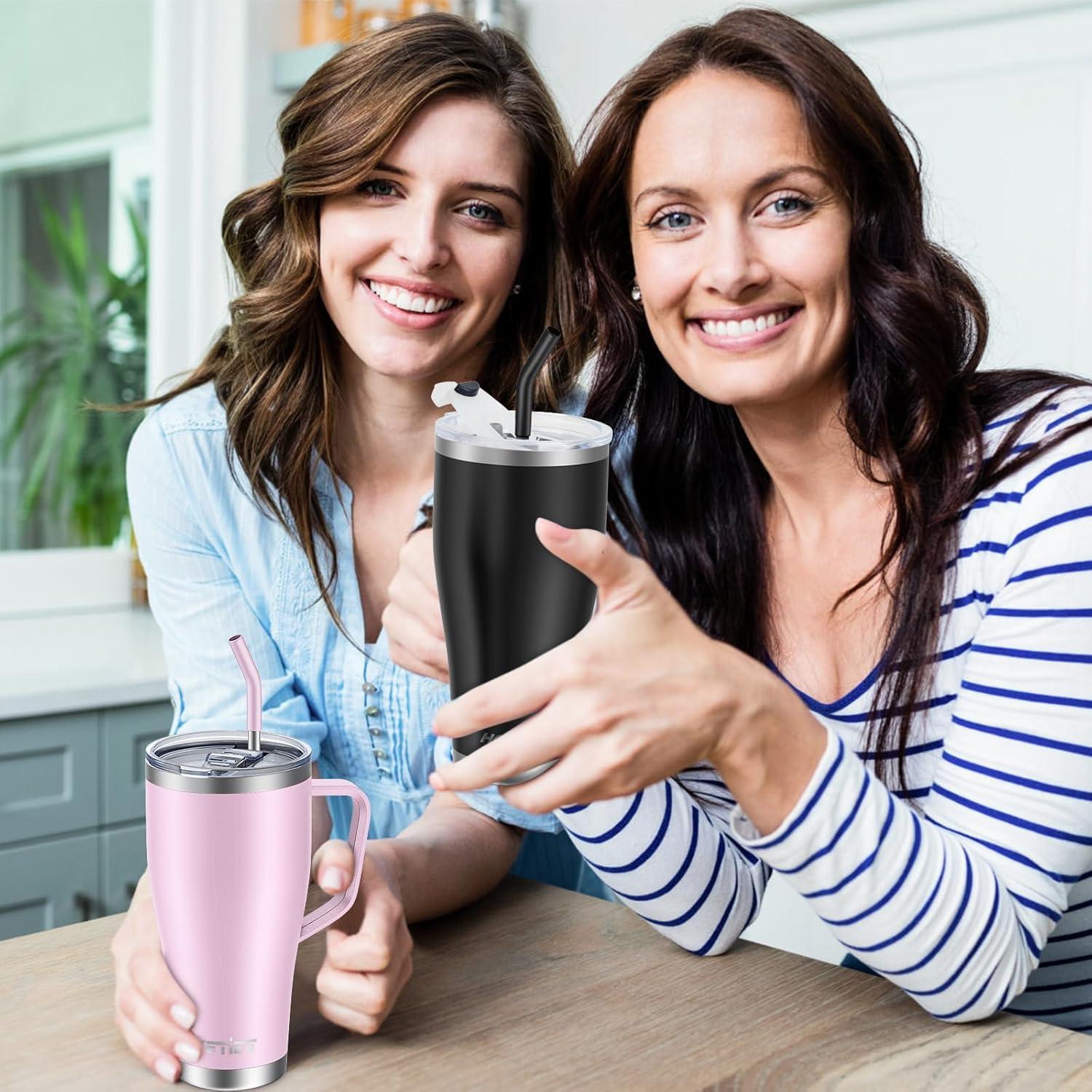 Thermobecher mit Strohhalm 850ml Edelstahl Isolierbecher Kaffeetasse Rosa