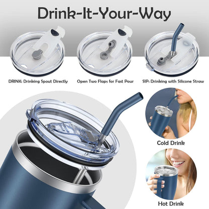 KETIEE Thermobecher 850ml Edelstahl Kaffeebecher to go mit Strohhalm und 2 Deckeln