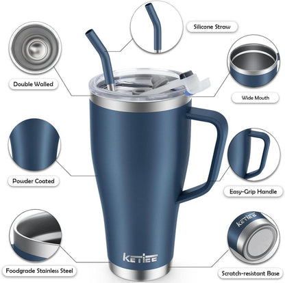 Thermobecher KETIEE 850ml Strohhalm 2 Deckel Isolierbecher Edelstahl Tumbler