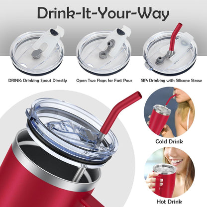 KETIEE Thermobecher mit Strohhalm 850ml Isolierbecher Rot