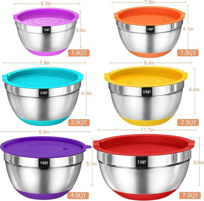 Terlulu Rührschüssel Set Edelstahl Salatschüssel Luftdichter Deckel Silikonboden 6 Reiben 6.6L - Bunt