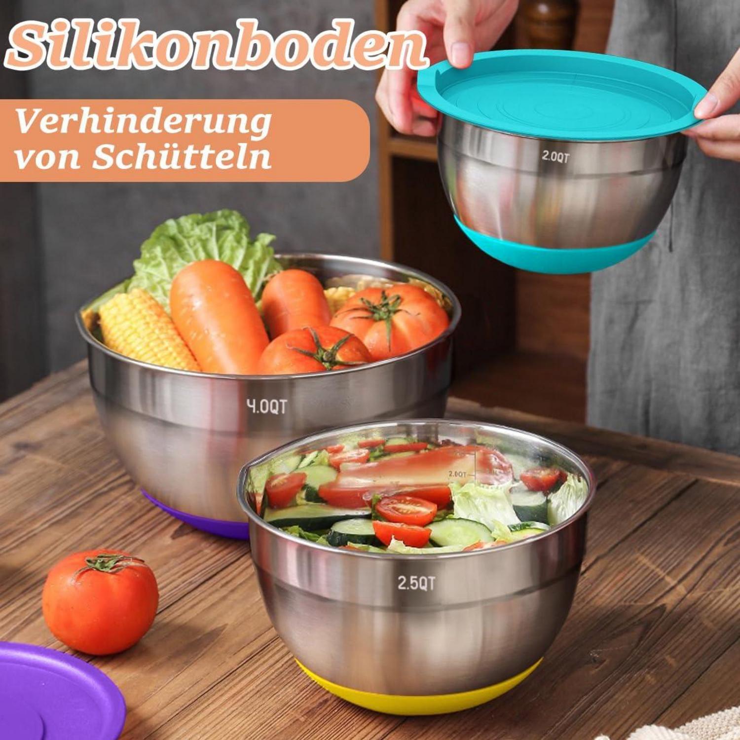 Edelstahl Rührschüssel Set 6-teilig mit Deckel & Silikonboden - Bunt