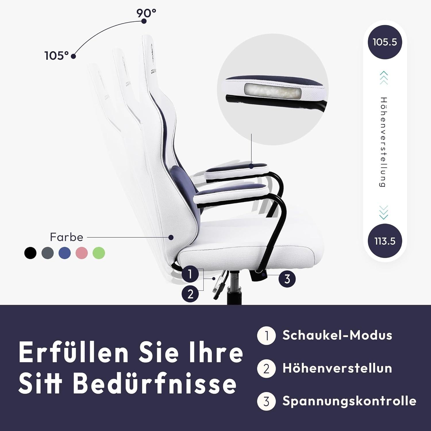 Gaming Stuhl Stoff Ergonomisch Lendenwirbelstütze Blau Kinder