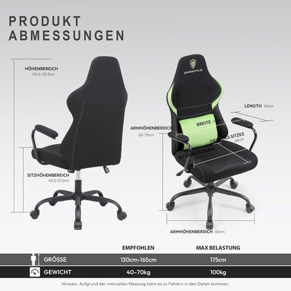 Ergonomischer Gaming Stuhl mit Lendenwirbelstütze für Kinder Green