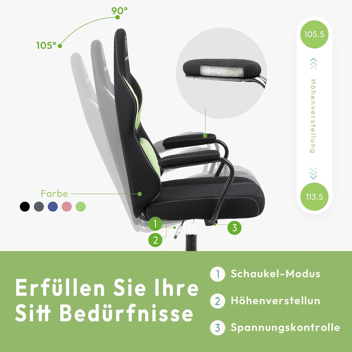 Dowinx Gaming Stuhl Stoff mit Lendenwirbelstütze für Erwachsene und Kinder in Grün