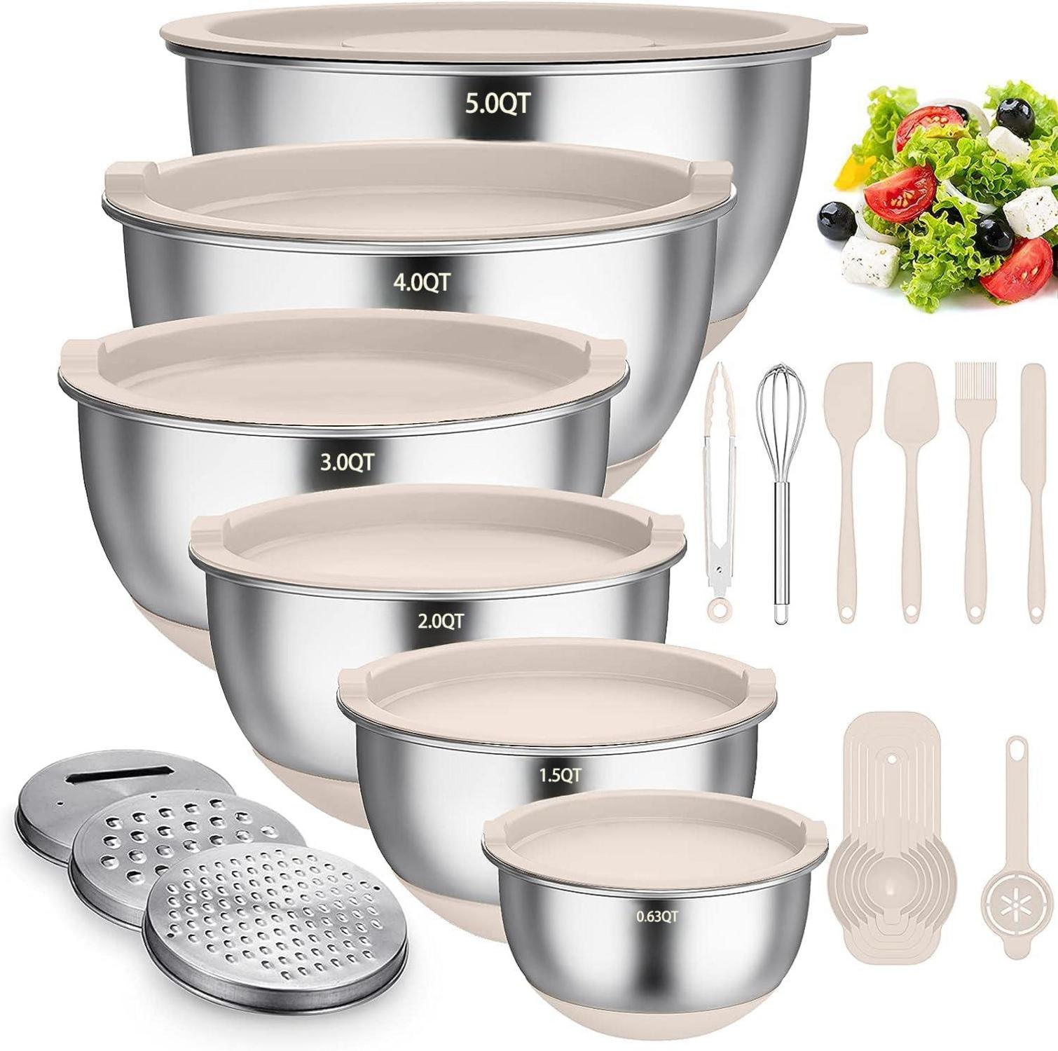 Edelstahl Rührschüssel Set mit Deckel & Silikonboden, 6-teilig