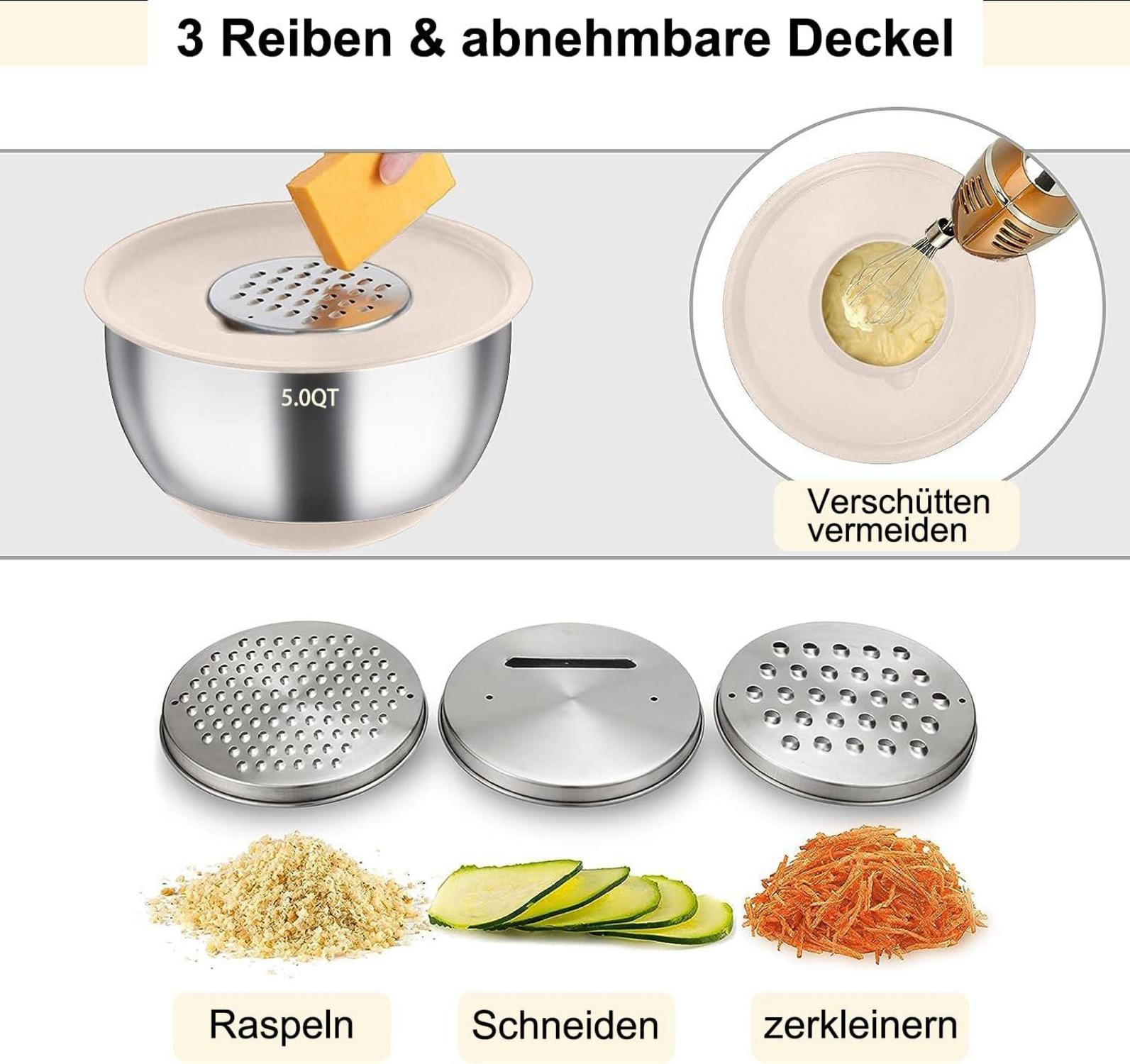 Edelstahl Rührschüssel Set mit Deckel & Silikonboden, 6-teilig