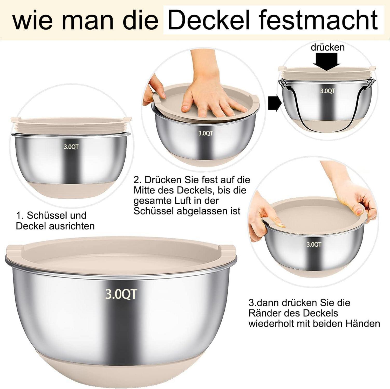 Rührschüssel Set Edelstahl mit Deckel Silikonboden 6-teilig Khaki