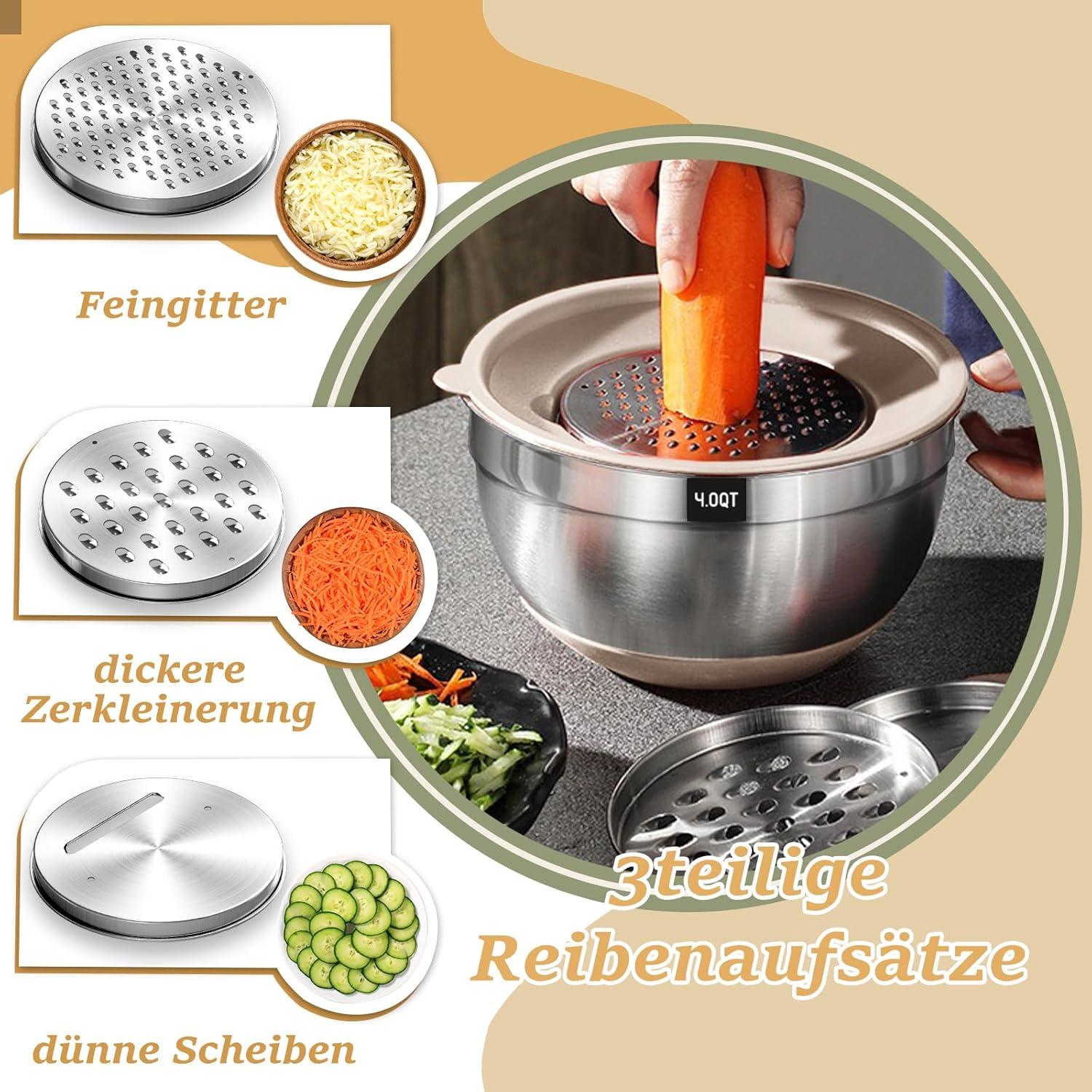 Rührschüssel Set Edelstahl Salatschüssel mit Deckel & Silikonboden
