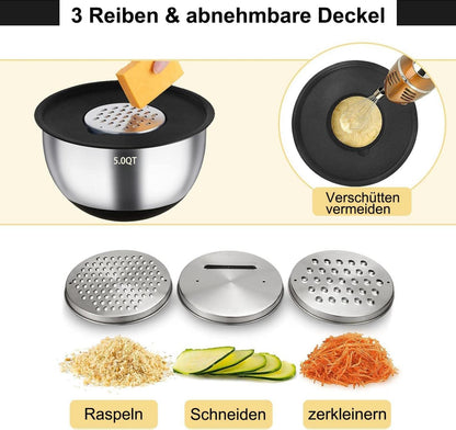 6er Set Edelstahl Rührschüsseln Schwarz mit Deckel & Silikonboden