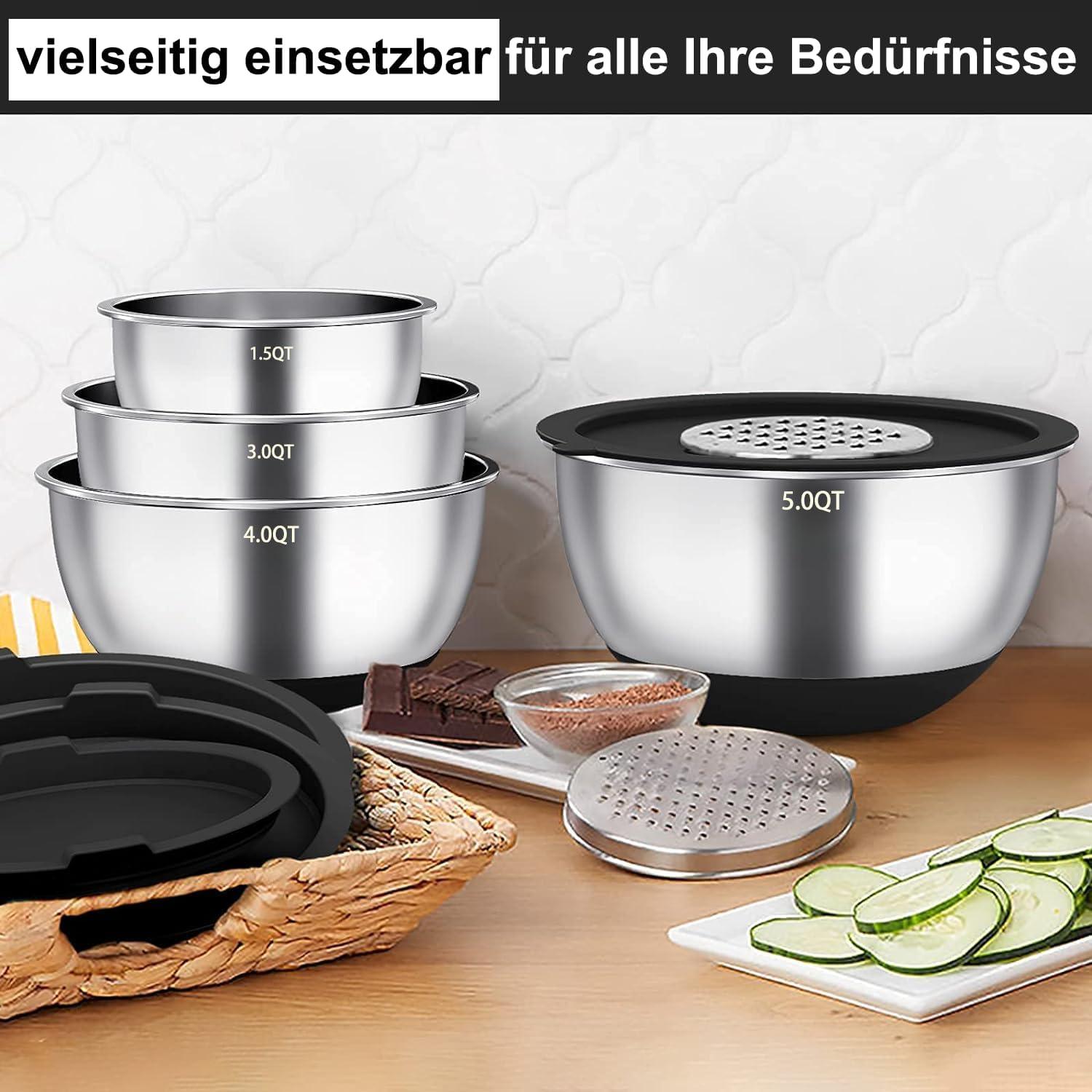 Terlulu Rührschüssel Set Edelstahl Salatschüssel mit Deckel Silikonboden 6tlg. 4.7l 3.8l 2.8l 1.9l 1.4l 0.6l Schwarz