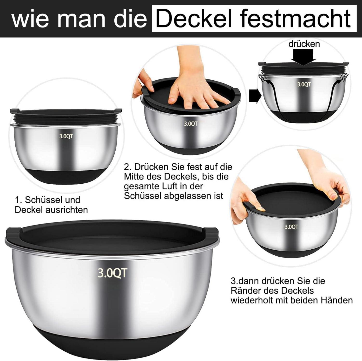 Rührschüssel Set Edelstahl 6er Schwarz Silikonboden Rutschfest