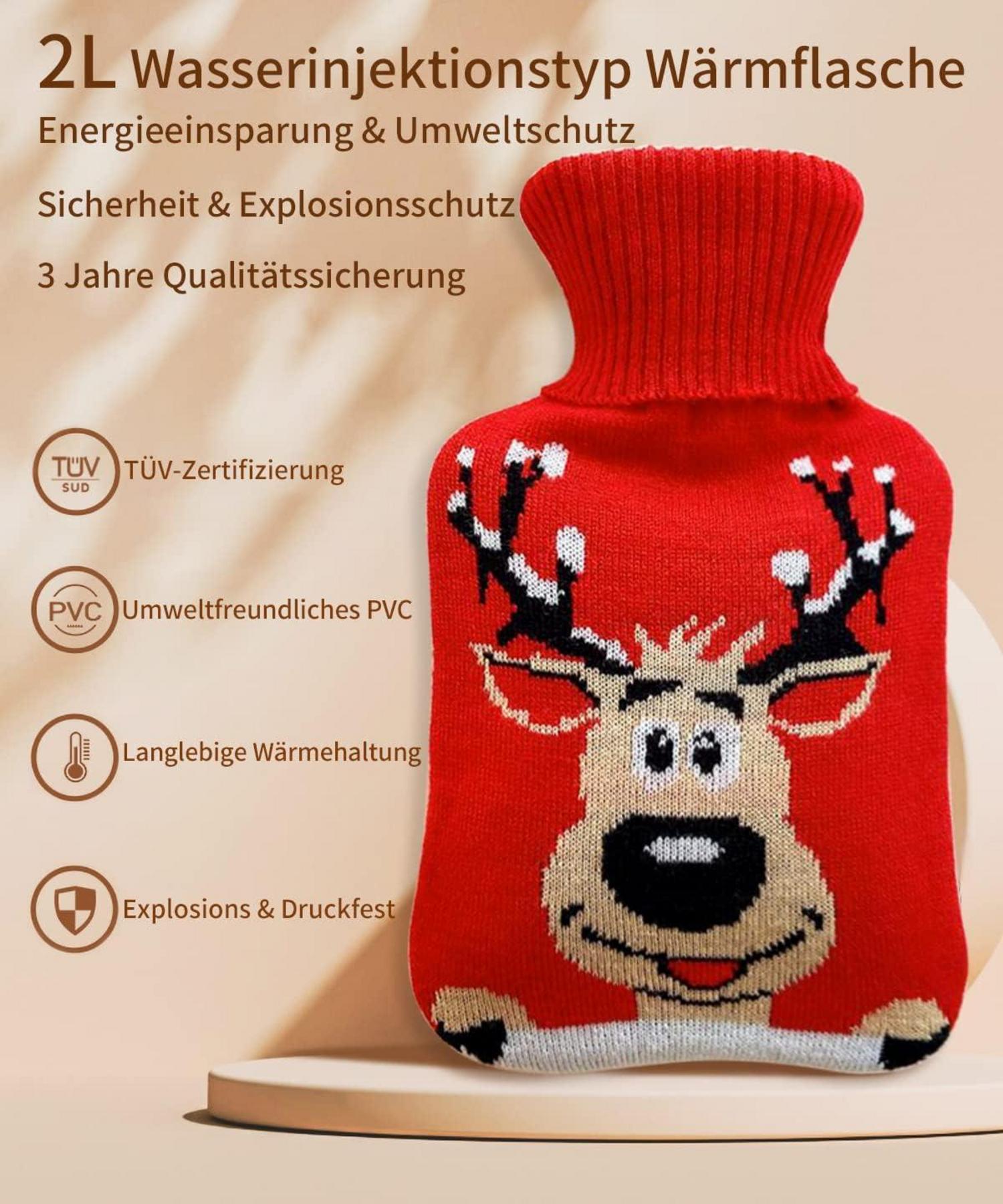 Wärmflasche mit Bezug 2L Groß XL Auslaufsicher Flauschbezug PVC