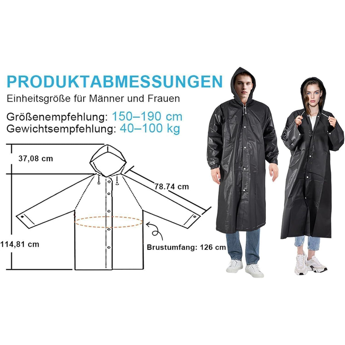 Regenponcho Damen & Herren mit Kapuze, wiederverwendbar, L Schwarz