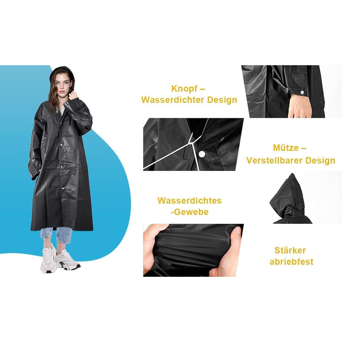 Regenponcho Damen & Herren mit Kapuze, wiederverwendbar, L Schwarz