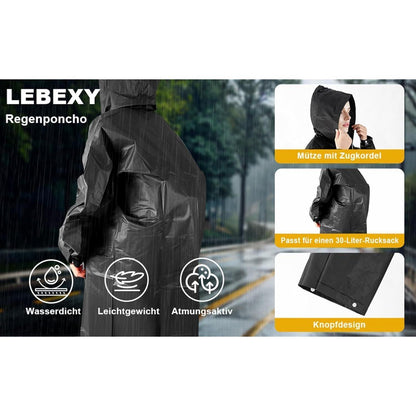 Regenponcho Damen & Herren mit Kapuze, wiederverwendbar, L Schwarz