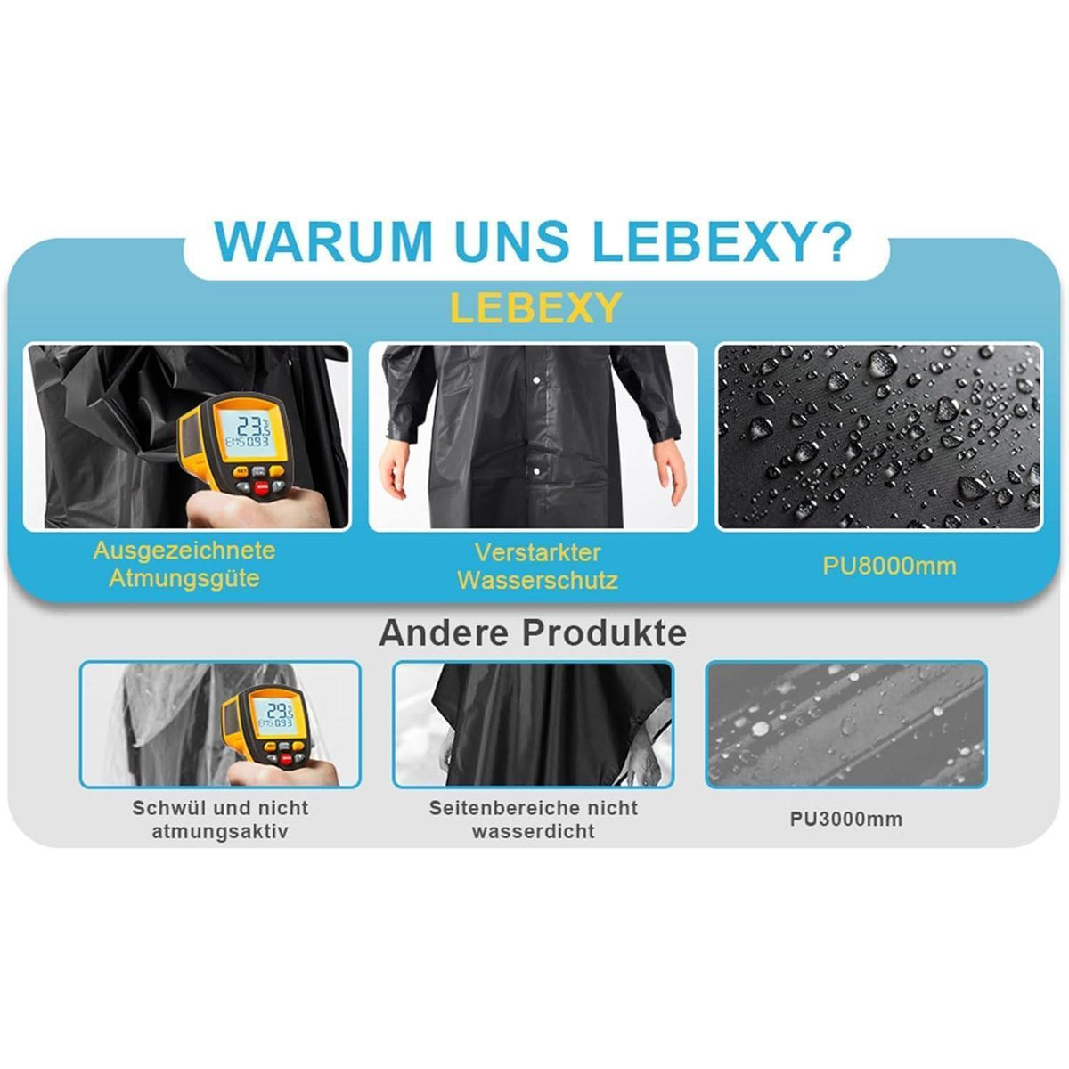 Regenponcho Damen & Herren mit Kapuze, wiederverwendbar, L Schwarz