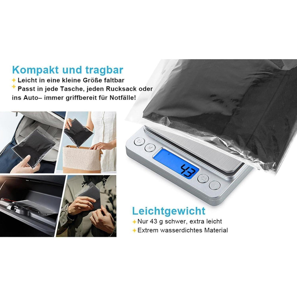 Regenponcho Damen & Herren mit Kapuze, wiederverwendbar, L Schwarz