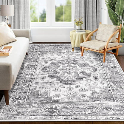 Großer Vintage Bohemian Kurzflorteppich, Grau 120x180cm