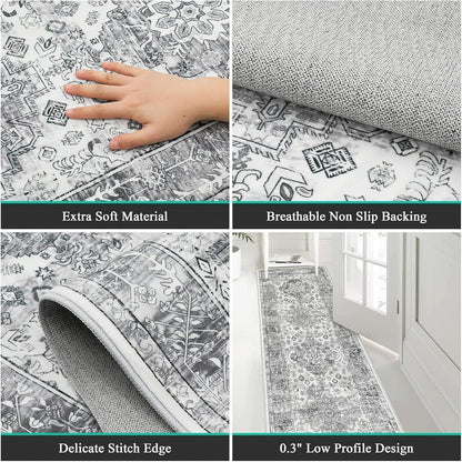 Läufer Teppich Grau 60x180 cm, Waschbar, Rutschfest, Boho Stil