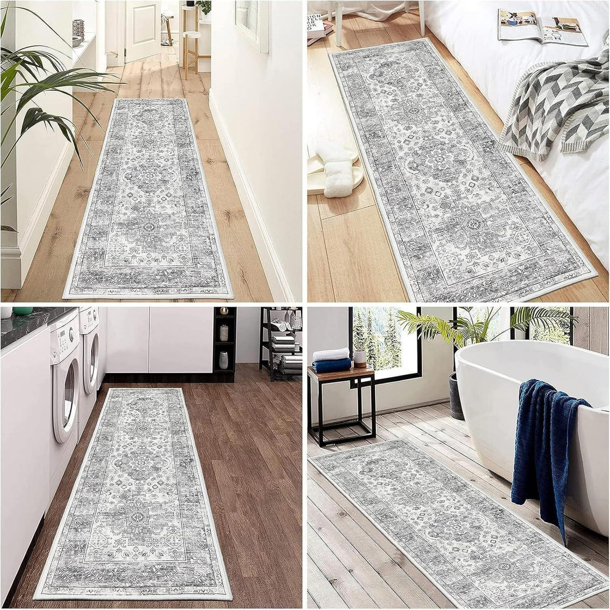 Läufer Teppich Grau 60x180 cm, Waschbar, Rutschfest, Boho Stil