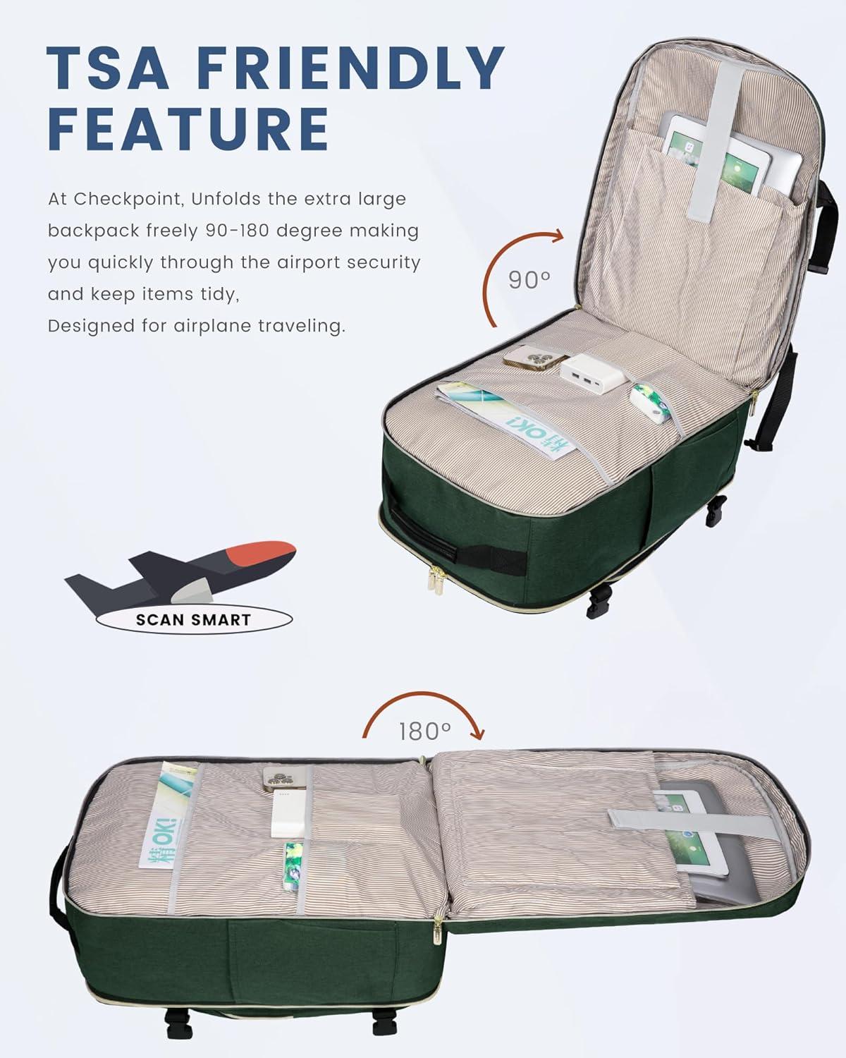 LOVEVOOK Handgepäck Rucksack 40L Reiserucksack Damen 17 Zoll Laptop Waterproof Travel Backpack Green+Black