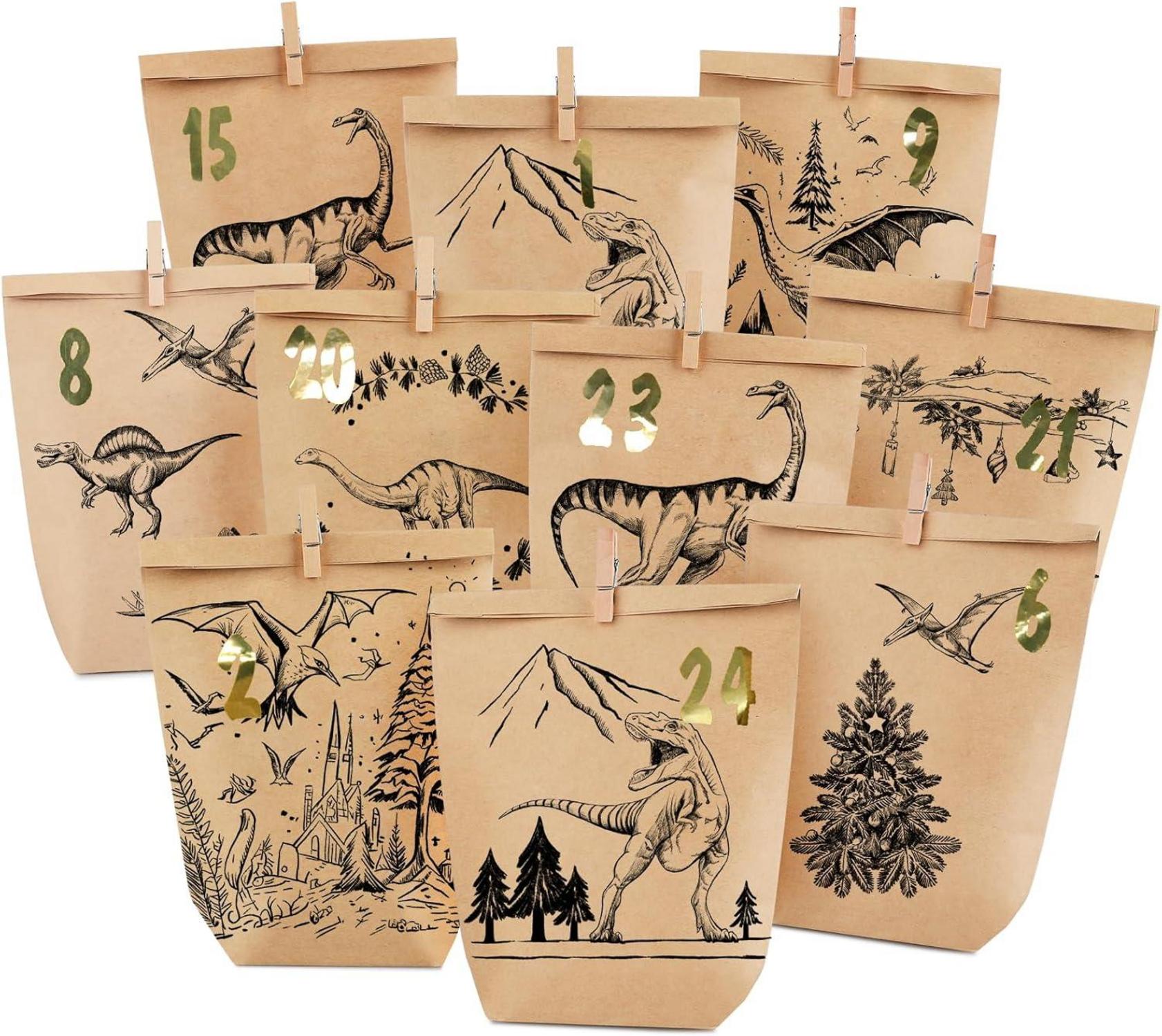 Adventskalender Tüten zum Befüllen handgezeichnet Dinosaurier 2024