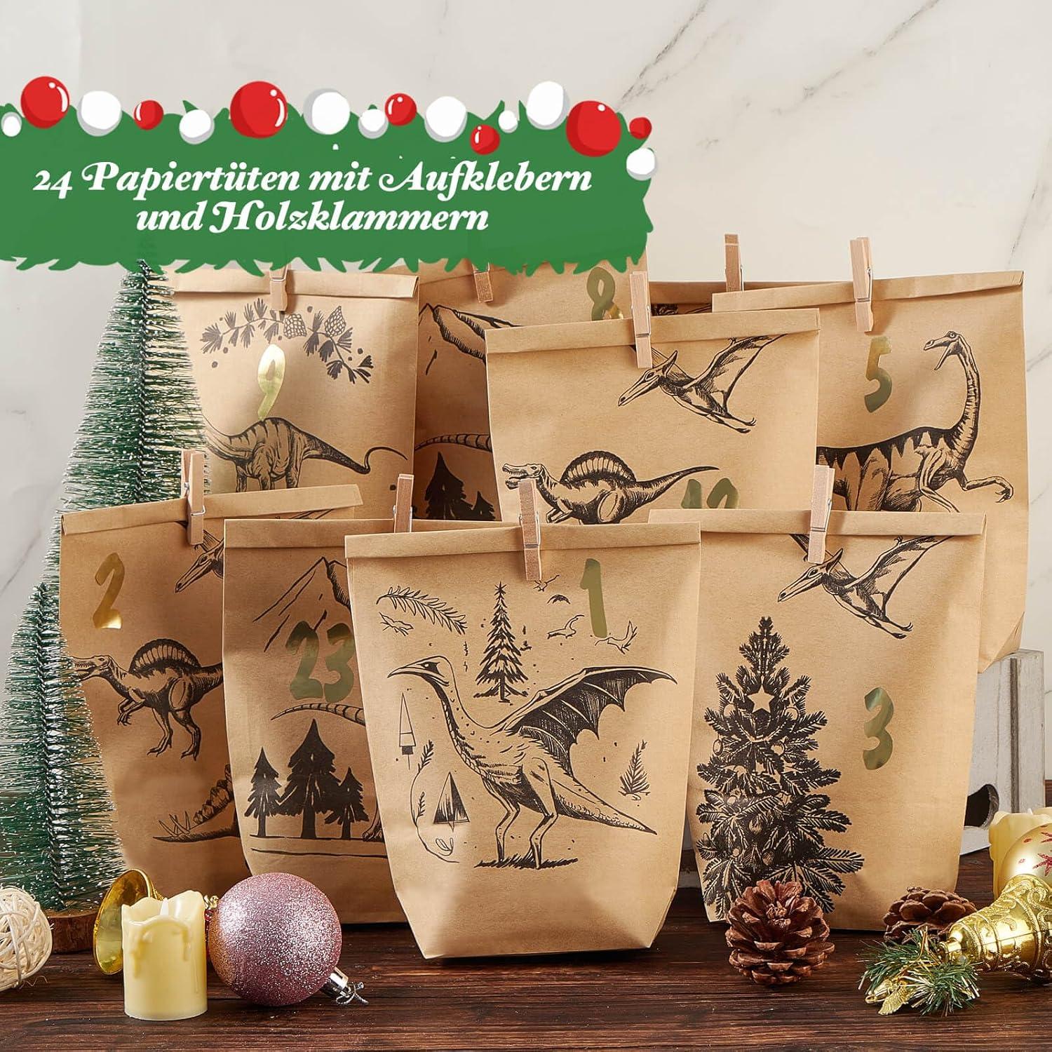 Adventskalender Tüten zum Befüllen handgezeichnet Dinosaurier 2024