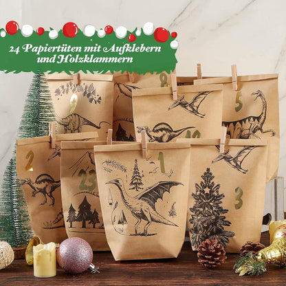 Adventskalender Tüten zum Befüllen handgezeichnet Dinosaurier 2024