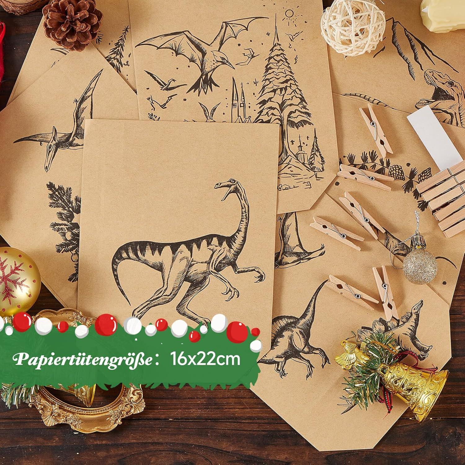 Adventskalender Dinosaurier Tüten 2024 zum Befüllen 16x22cm DIY Weihnachtskalender